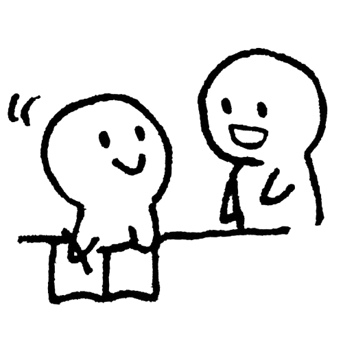 Two stick figures sitting together.