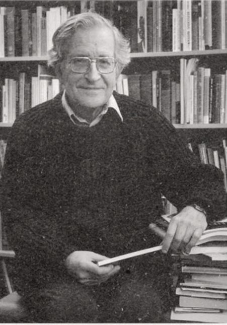 Portrait of Noam Chomsky sitting in front of a wall of books.